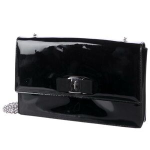 Salvatore Ferragamo Black Patent Leather Clutch with Chain